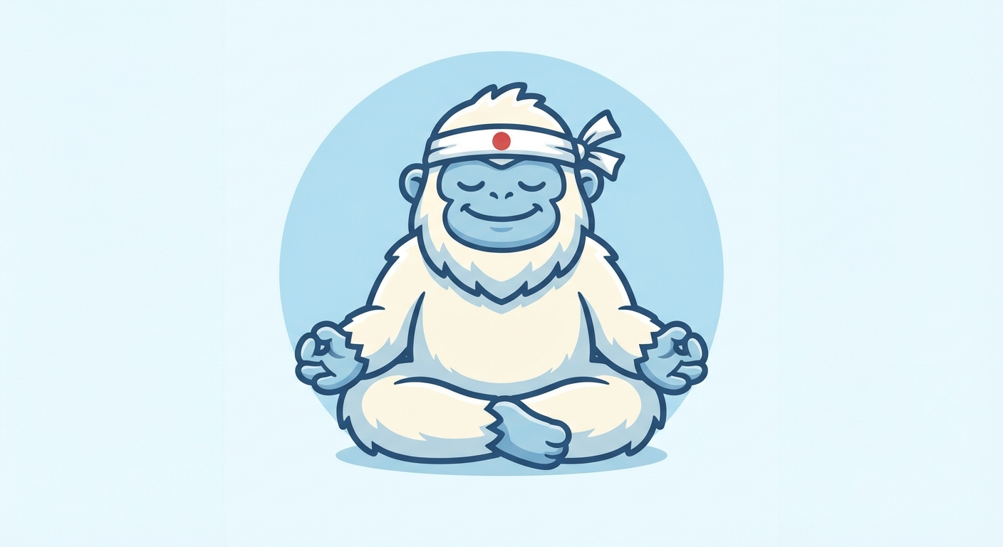 Meditating Yeti in mountain landscape
